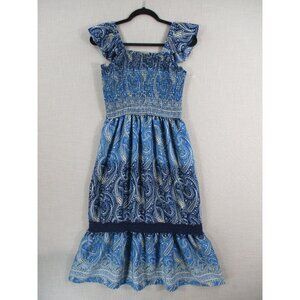 MPH Blue Boho Paisley Smocked Midi‎ Dress With Flutter Sleeves & Lace size - M